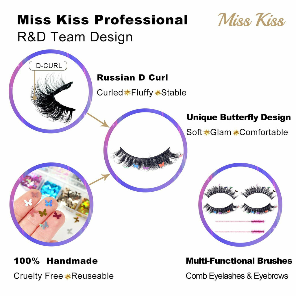 Miss Kiss Butterfly Russian Curl False Eyelashes 14MM Black 2 Pairs + 2 Brushes