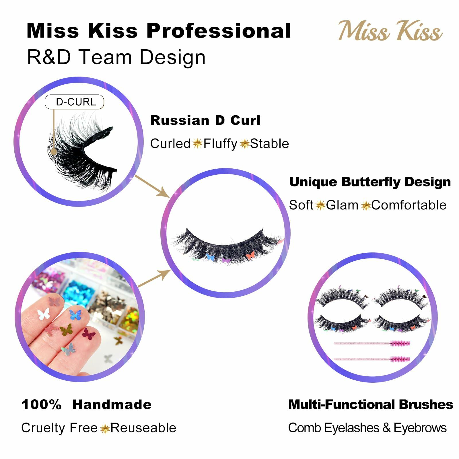 Miss Kiss Butterfly Russian Curl False Eyelashes 14MM Black 2 Pairs + 2 Brushes