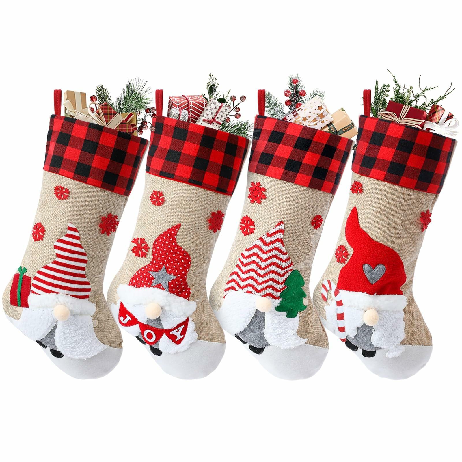 LASPERAL 4Pcs 18in Christmas Stockings 3D Burlap Santa Snowman Reindeer
