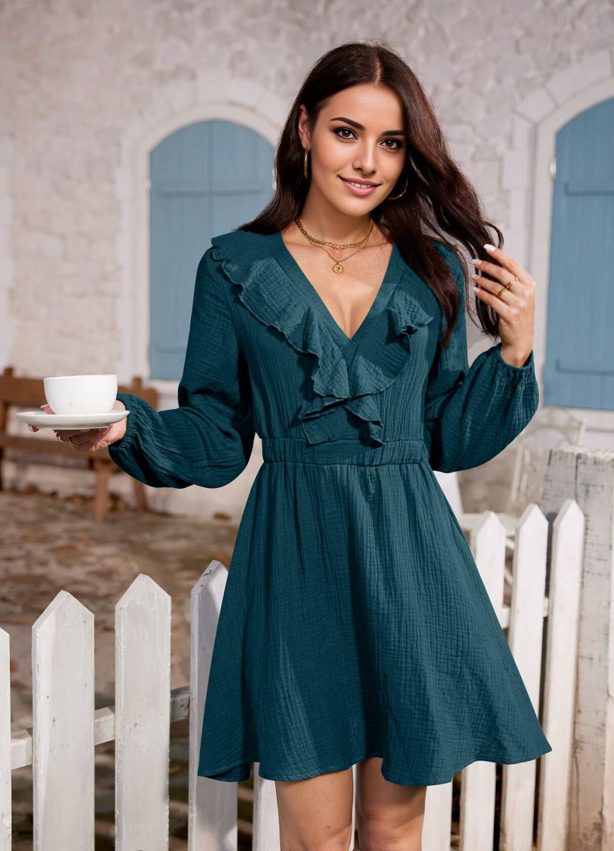 Women's Fall A-Line Long Sleeve Casual Skater Babydoll Mini Dress, Royal XL