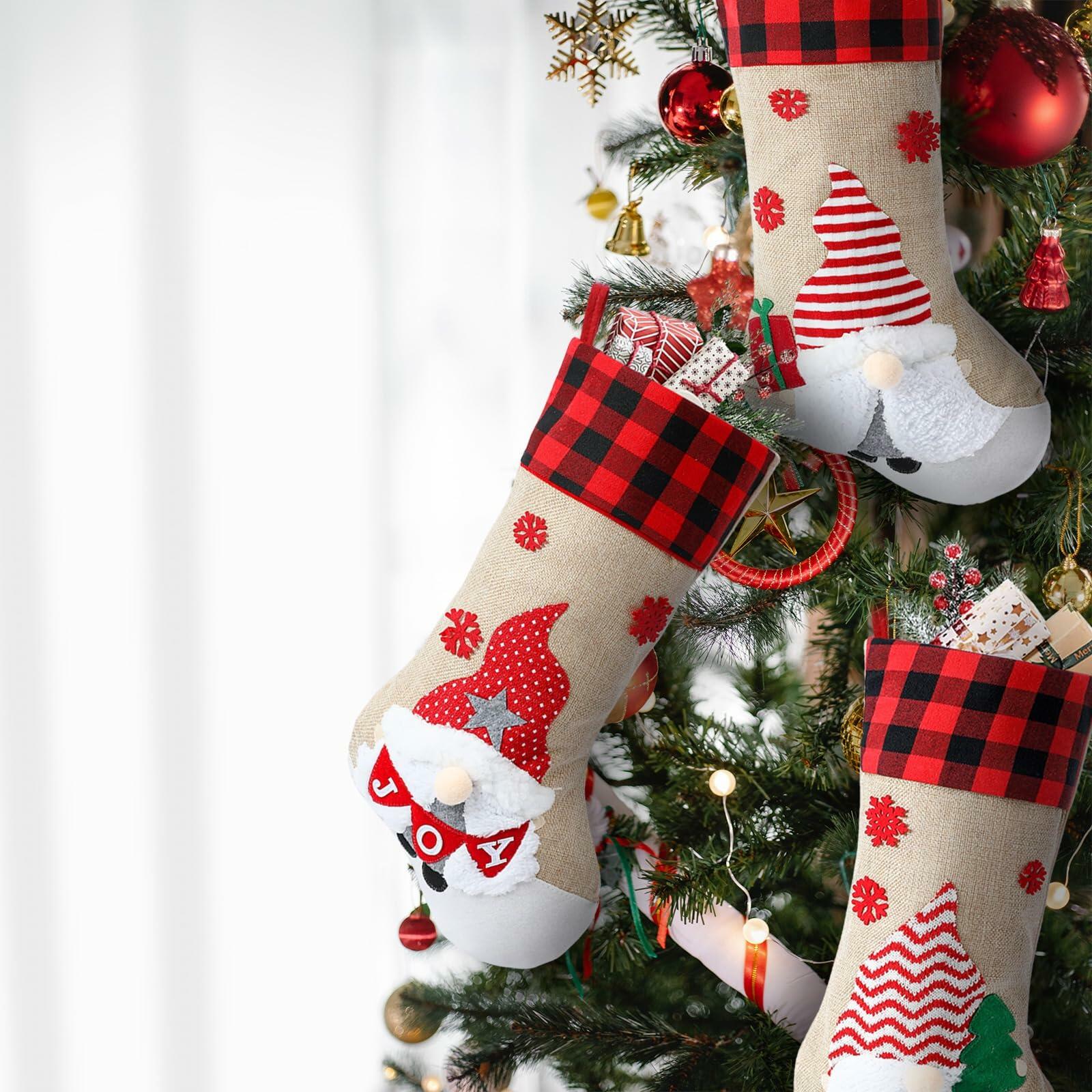 LASPERAL 4Pcs 18in Christmas Stockings 3D Burlap Santa Snowman Reindeer