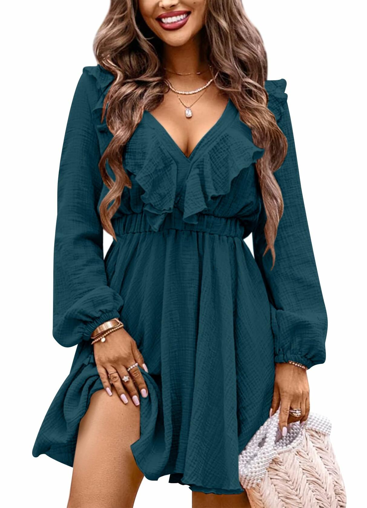 Women's Fall A-Line Long Sleeve Casual Skater Babydoll Mini Dress, Royal XL