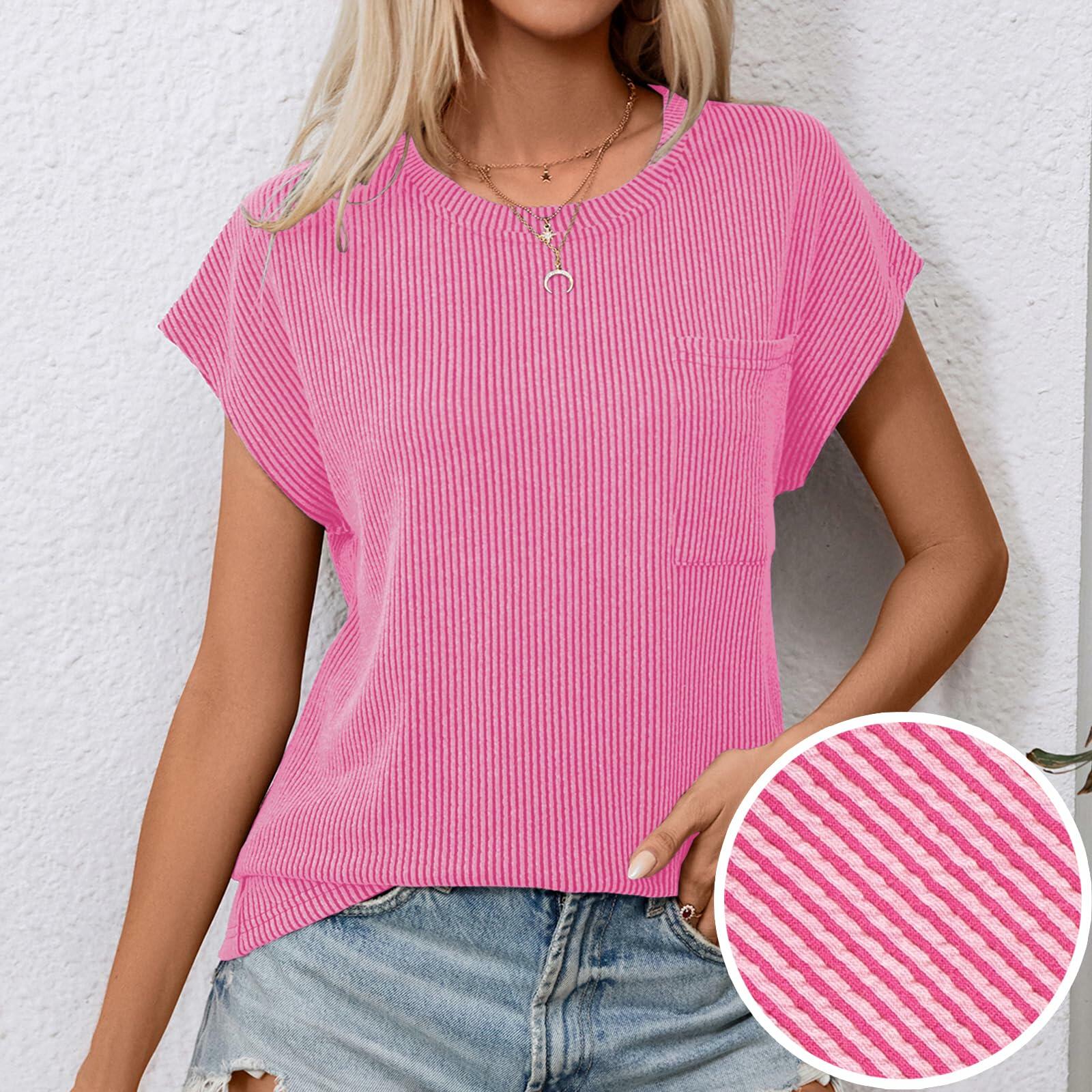 levaca Ribbed Cap Sleeve T Shirt with Front Pocket Blue Size S