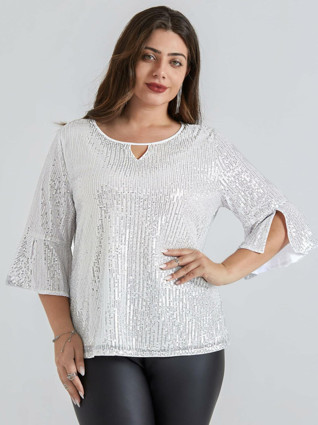 Hanna Nikole Plus Size Bell Sleeve V Neck Blouse Silver White Size 16Plus
