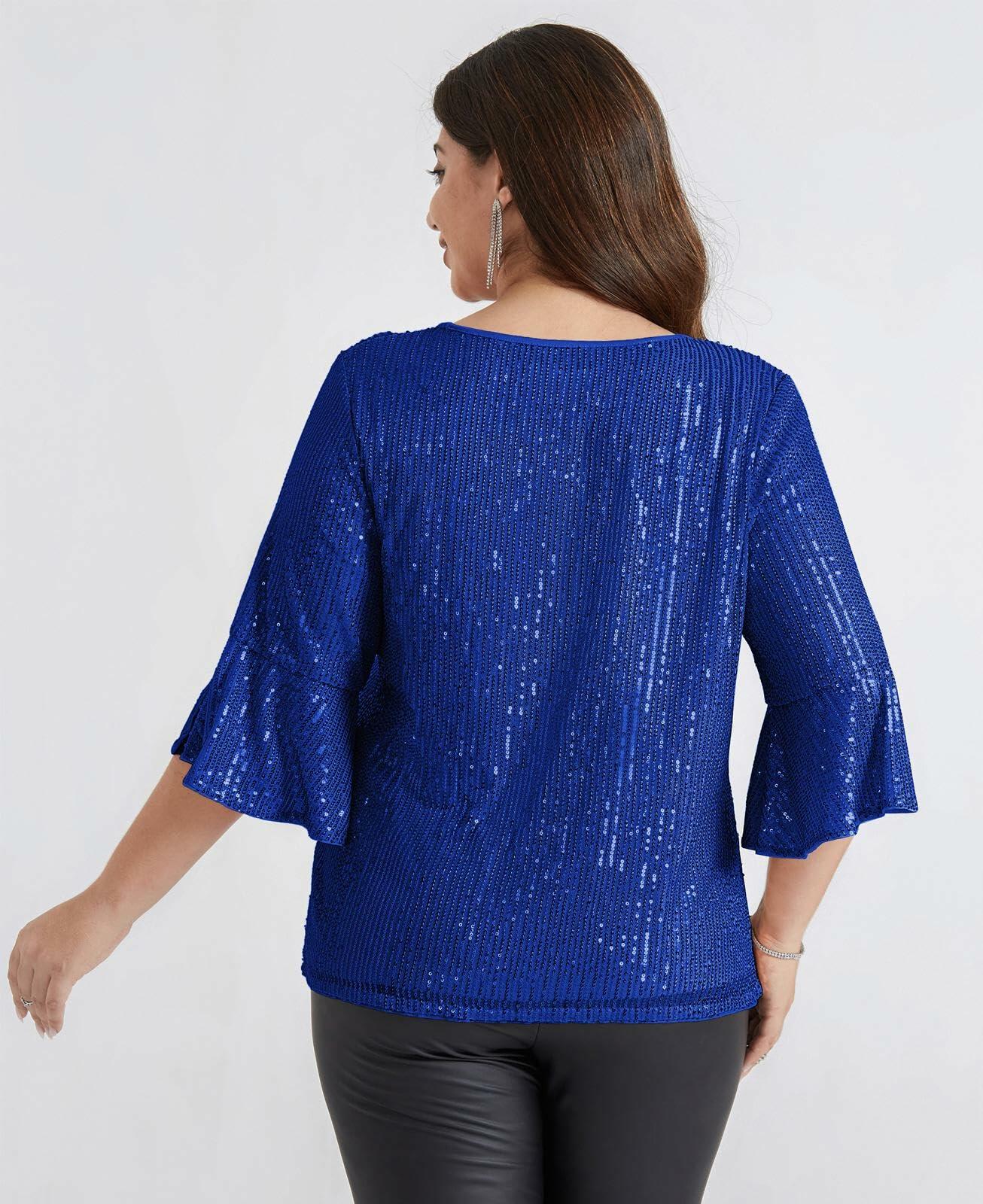 Hanna Nikole Sequin Ruffle Long Sleeve Wrap Blouse Blue Size 16Plus