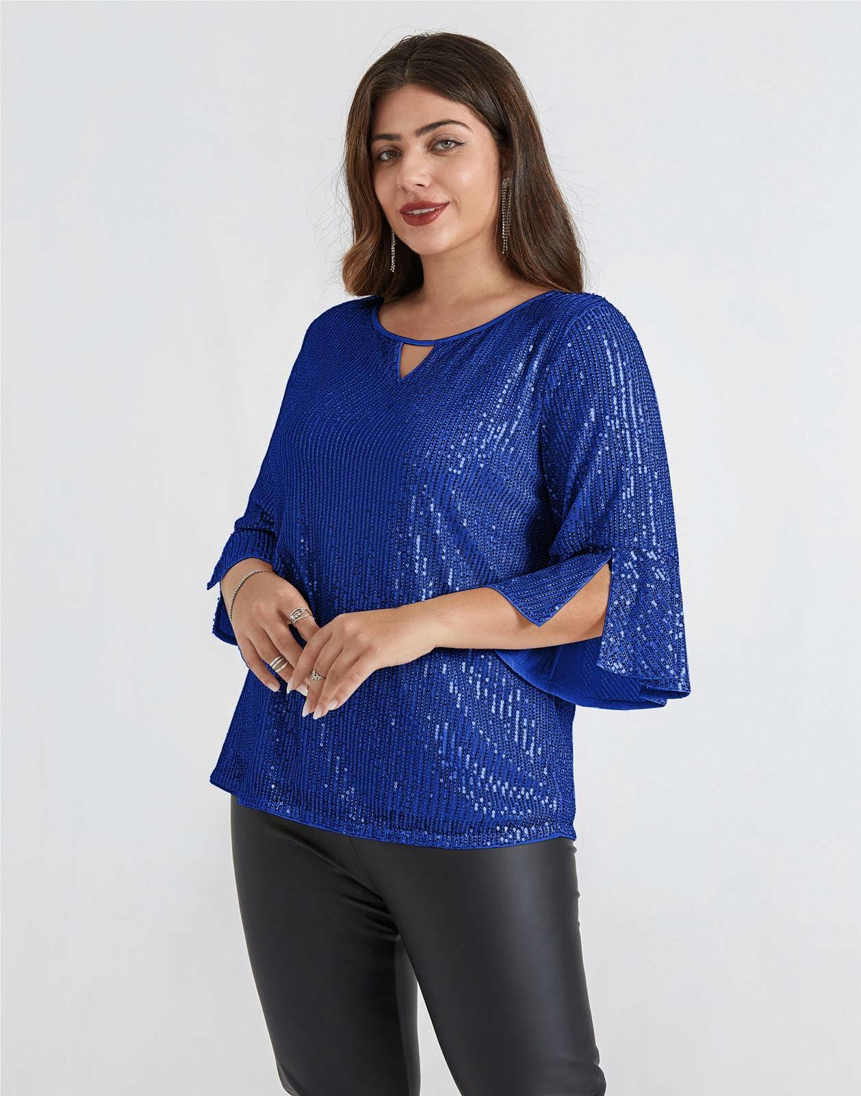 Hanna Nikole Sequin Ruffle Long Sleeve Wrap Blouse Blue Size 16Plus