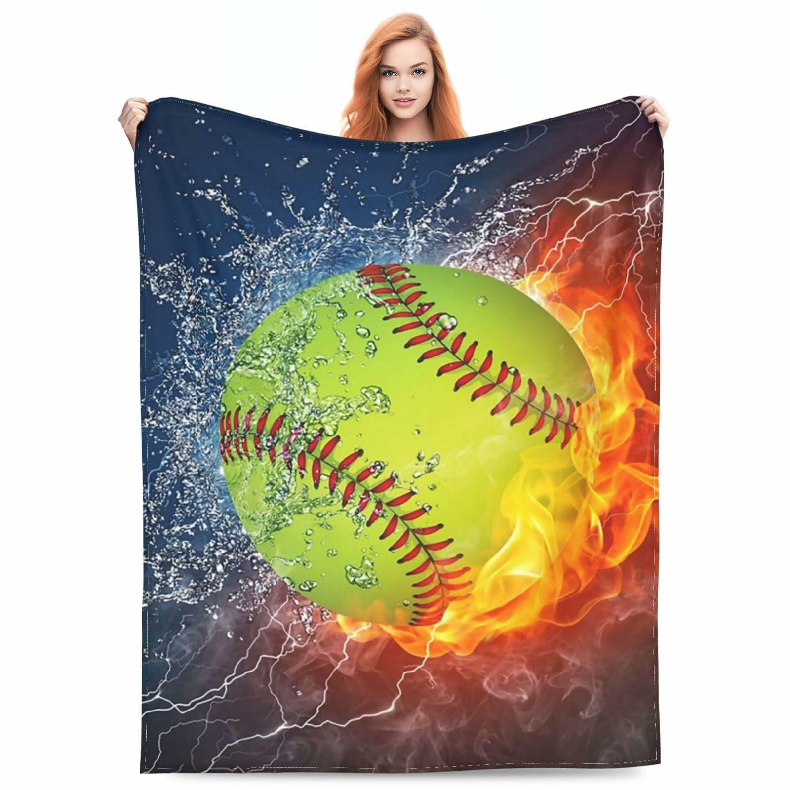 BLUBLU Fire Softball Flannel Fleece Throw Blanket Lightweight Cozy Plush 60x50