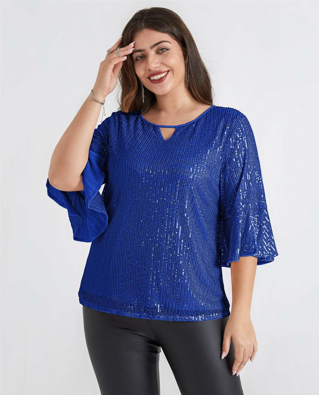 Hanna Nikole Sequin Ruffle Long Sleeve Wrap Blouse Blue Size 16Plus