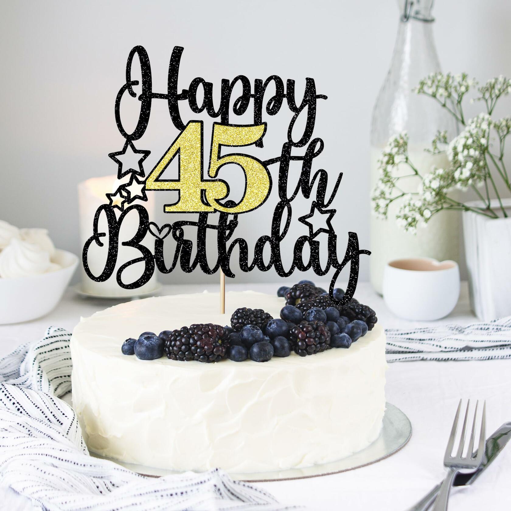 Happy 45th Birthday Cake Topper Black Gold Glitter Cheers to 45 Years