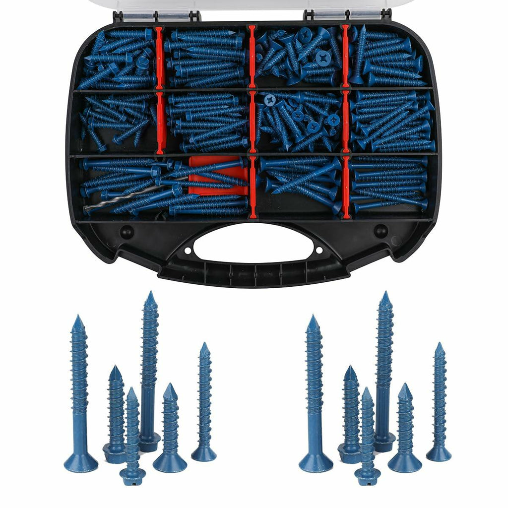 290PCS Concrete Screws 12 Sizes Flat & Hex Head Masonry Anchors 1.25"-2.25"