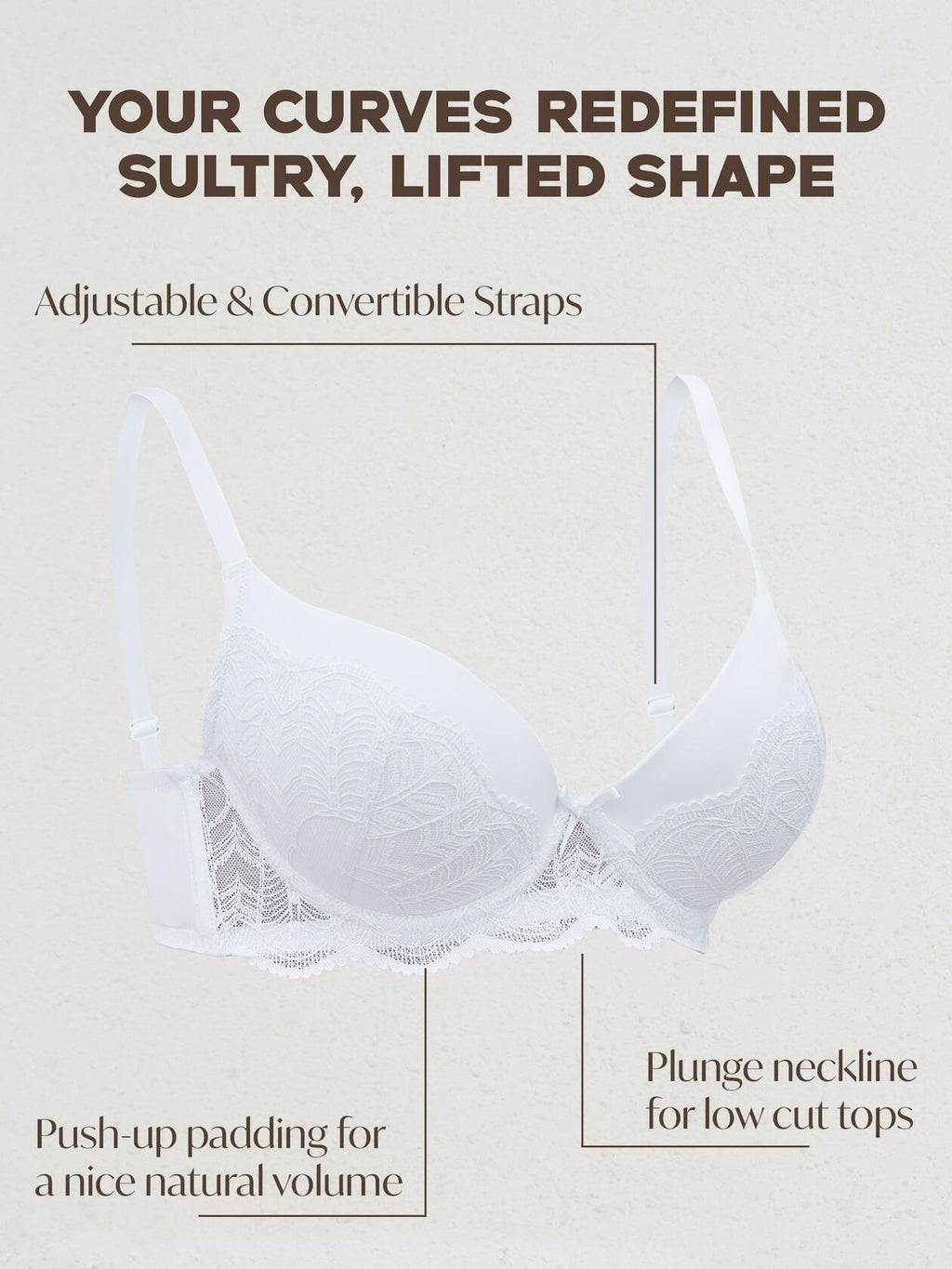 IHOIU Women's Lace Push Up Bra Padded Underwire Convertible White Size 38C