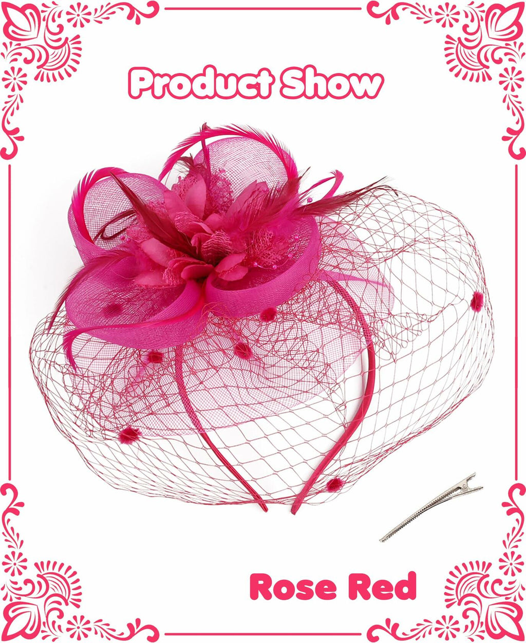 Kidukso Fascinators Hat Vintage 1923s Derby Mesh Veil Feathers Rose Red