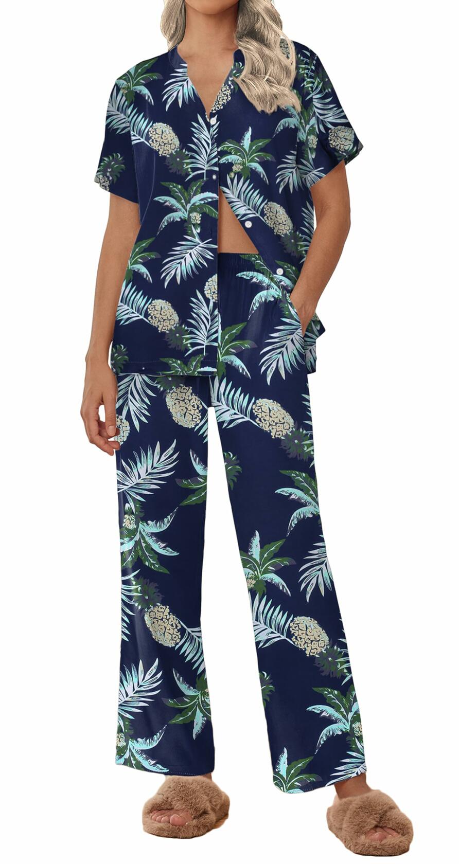 Ekouaer Women Pajamas Set Button Down Short Sleeve Navy Size Small
