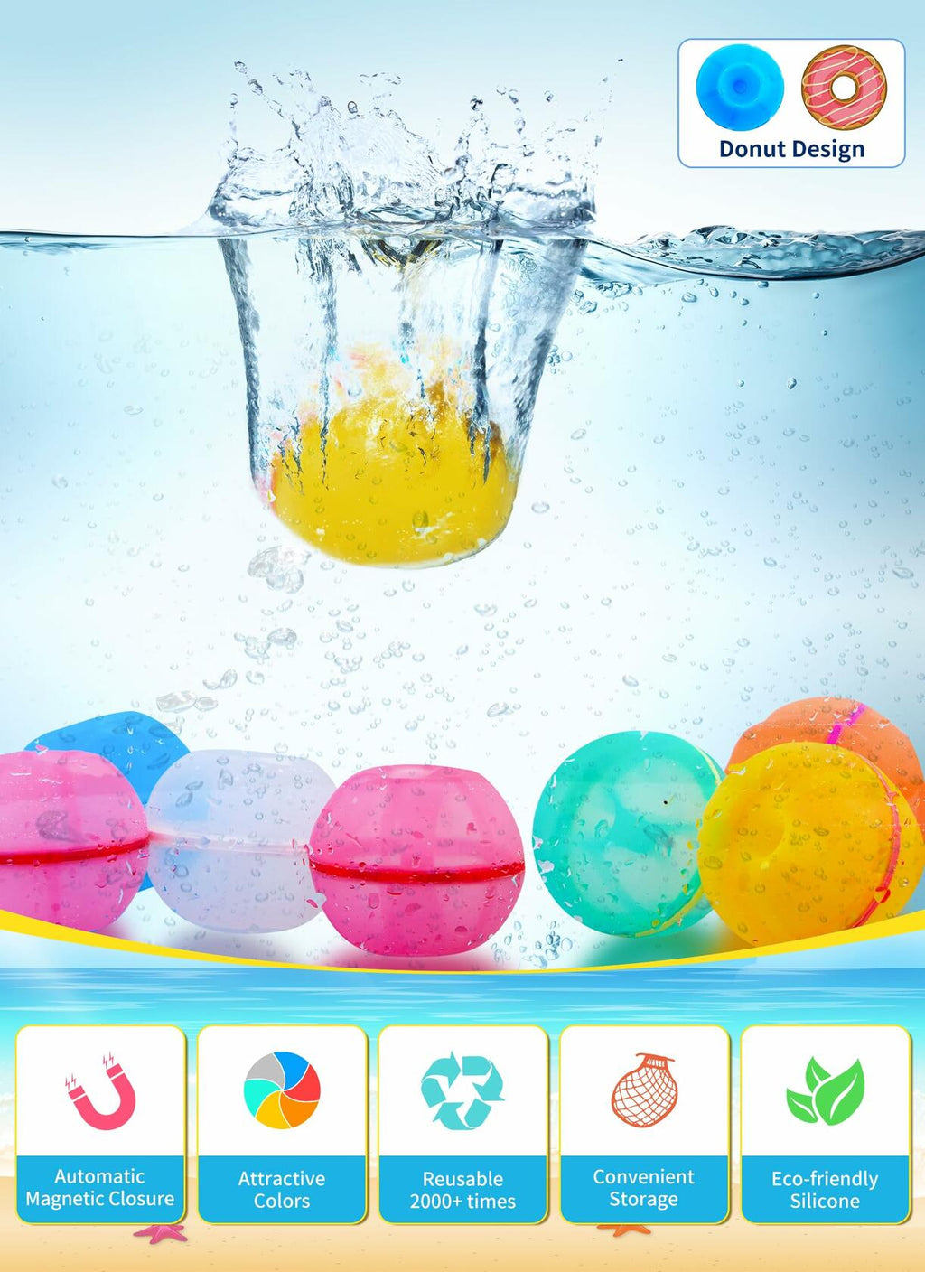 12 PCS Reusable Magnetic Water Balloons Silicone Donut Shape
