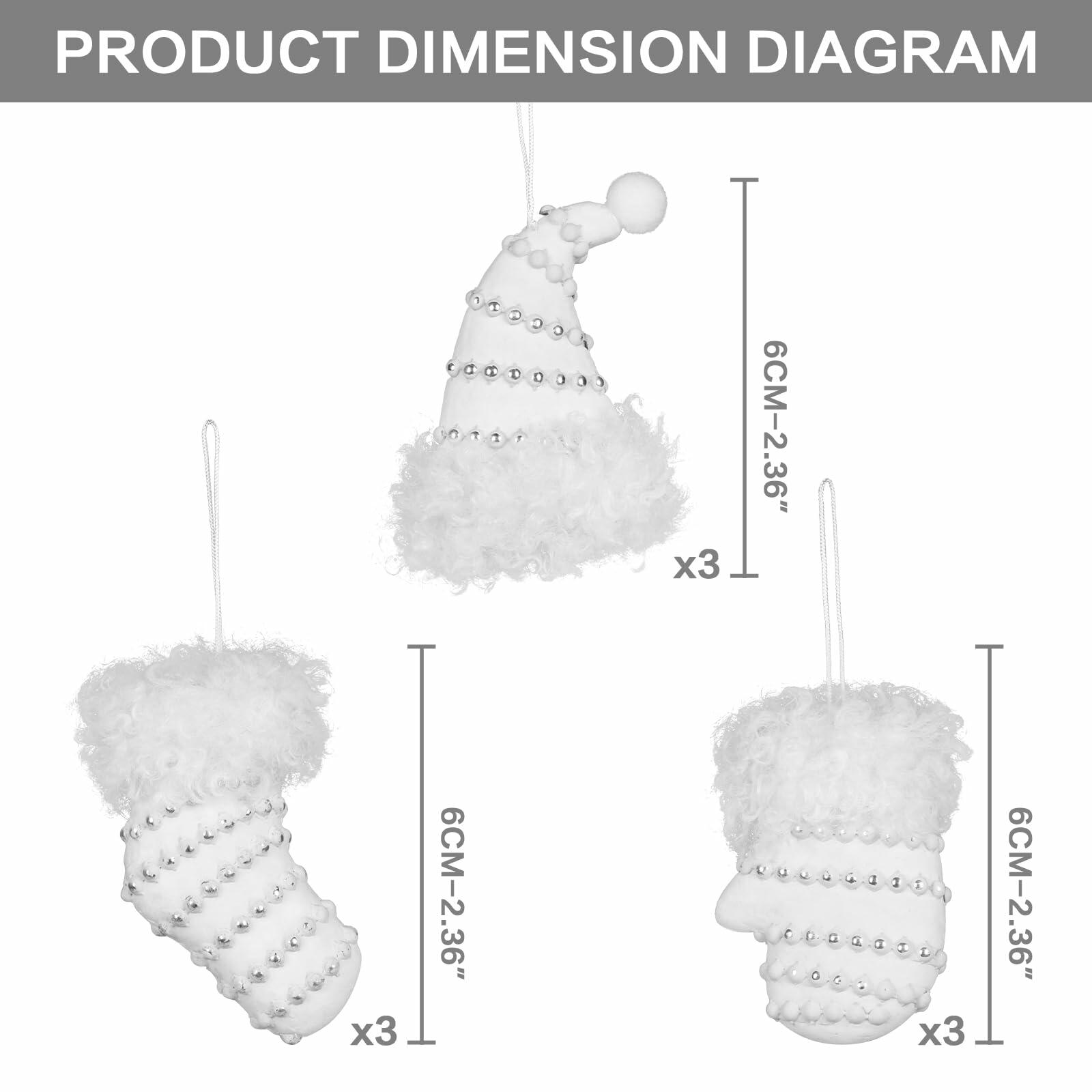 RoseCraft Christmas Ornaments 9PCS Socks Hat Tree Decor White Silver