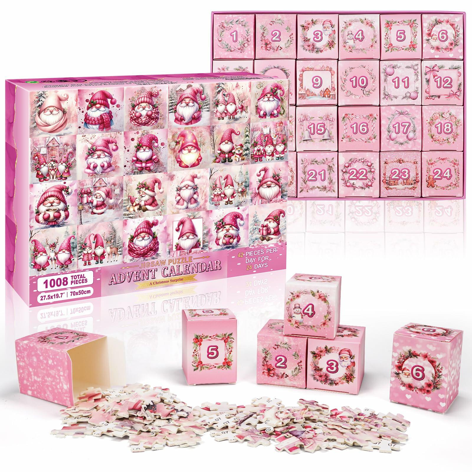 1008 Pc Pink Gnome Advent Calendar Puzzle 2025 24-Day Countdown