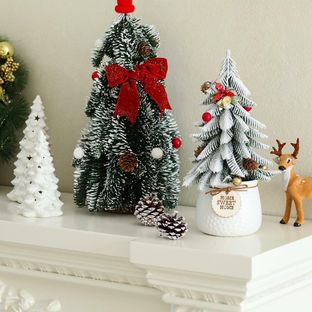 HOMCDALY 16in LED Tabletop Christmas Tree with Red Bowtie Indoor Decor