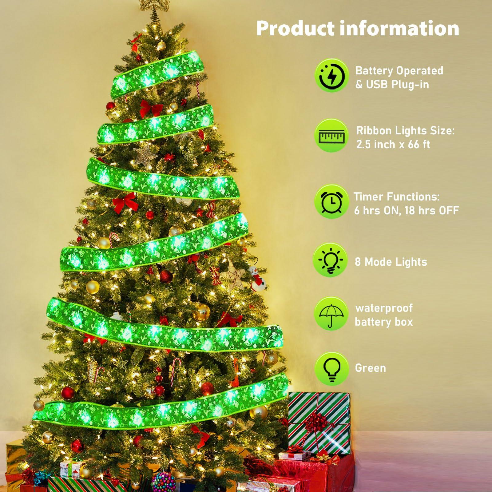 Vloso Christmas Tree Ribbon Lights 66Ft 200 LED Remote Timer Battery USB