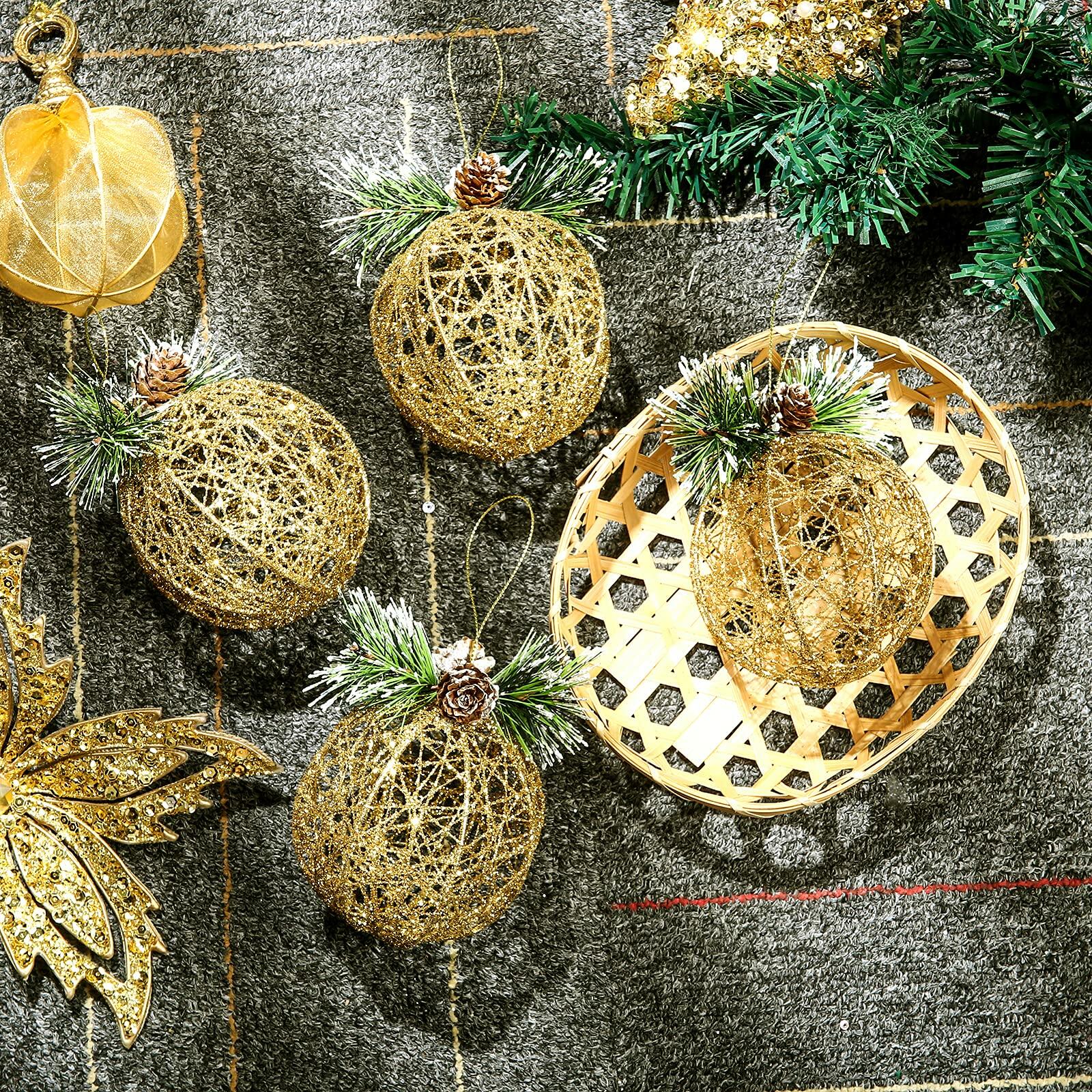 Christmas Ball Ornaments 4pc Set Champagne Pinecone Rattan String Decor