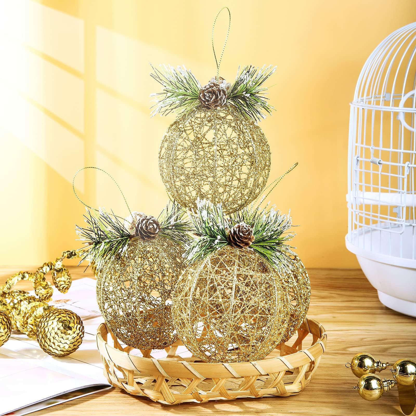 Christmas Ball Ornaments 4pc Set Champagne Pinecone Rattan String Decor