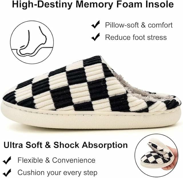 kissxiaoya Unisex Plaid Memory Foam House Slippers Black Size 6.5-7