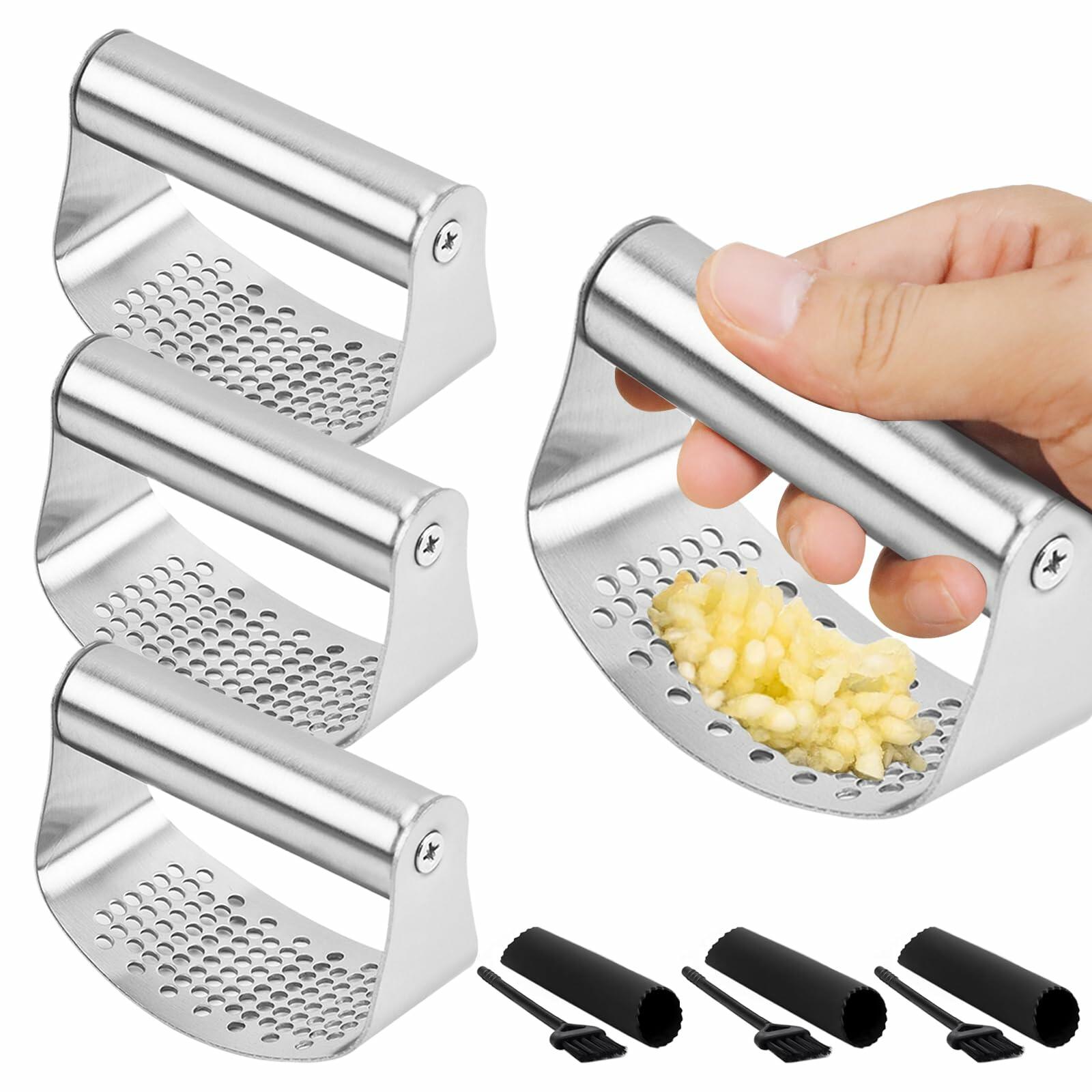 FATUXZ 3-Piece Stainless Steel Garlic Press Set with Silicone Peeler