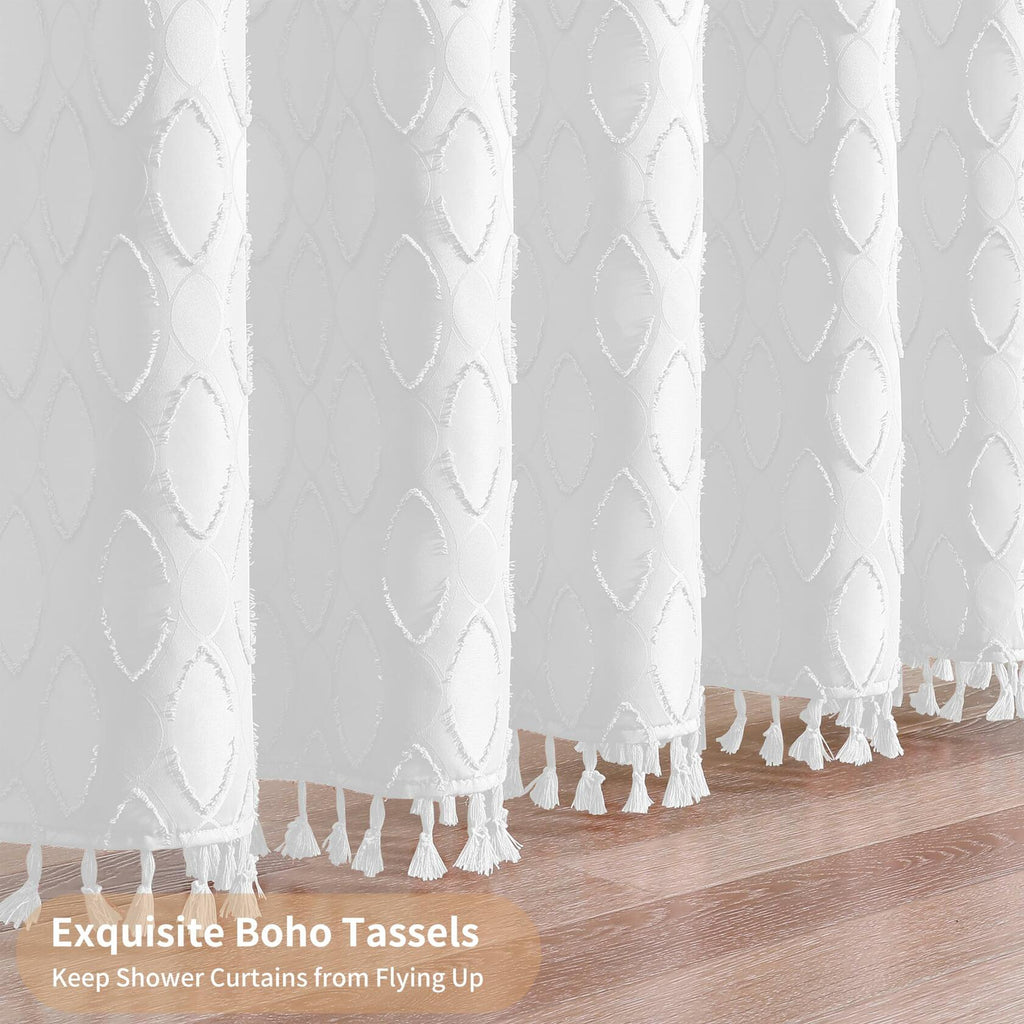 QiyI White Small Stall Shower Curtain Tassel Tufted Geometric 36x72 Inch