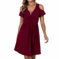 Women's Cold Shoulder Dress Deep V-Neck Knotted Sundress Wine Red