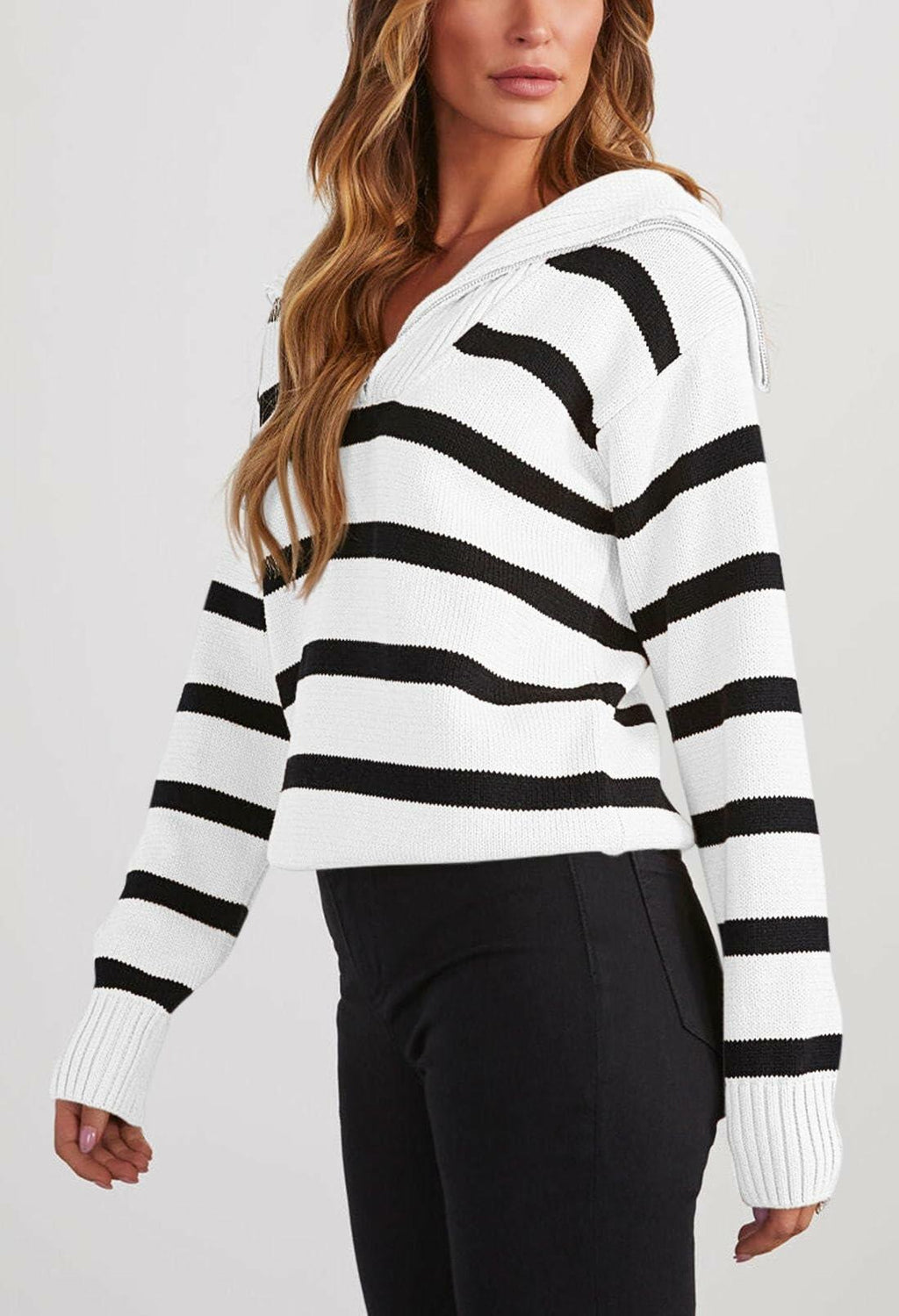 Pink Queen Autumn Striped Knitted Sweater White Stripe Pullover Size L