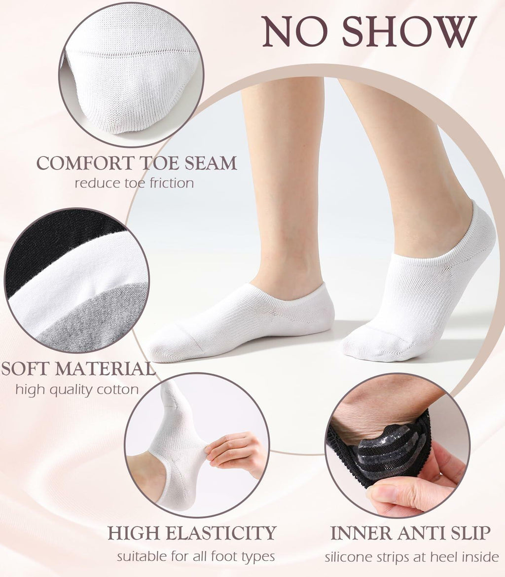 Breslatte No Show Socks Womens Men Soft Cotton Nonslip 6pairs Black Grey White S