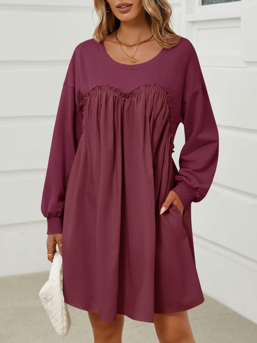Wenrine Womens Long Sleeve Sweatshirt Dress Patchwork Wine Red S