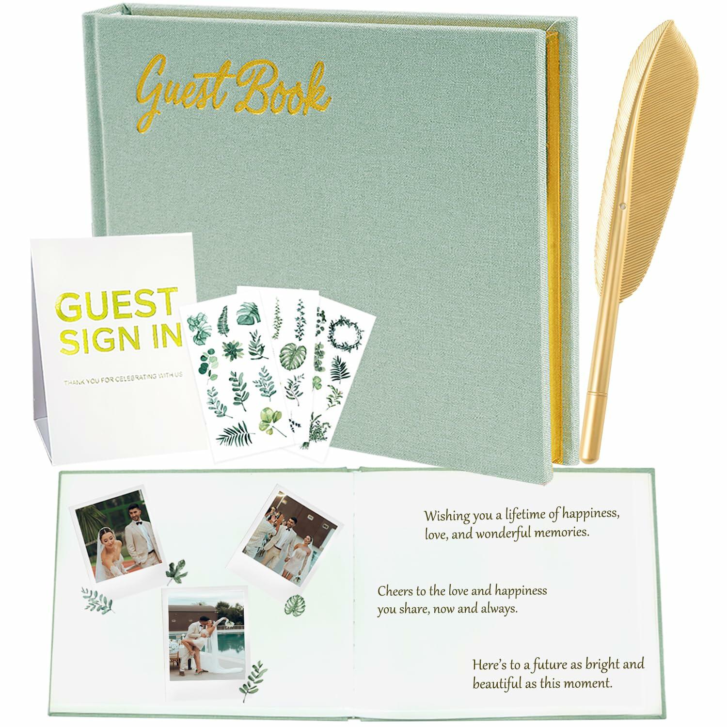 4 in 1 Wedding Guest Book Linen Cover with Pen, Sign Card & Stickers White
