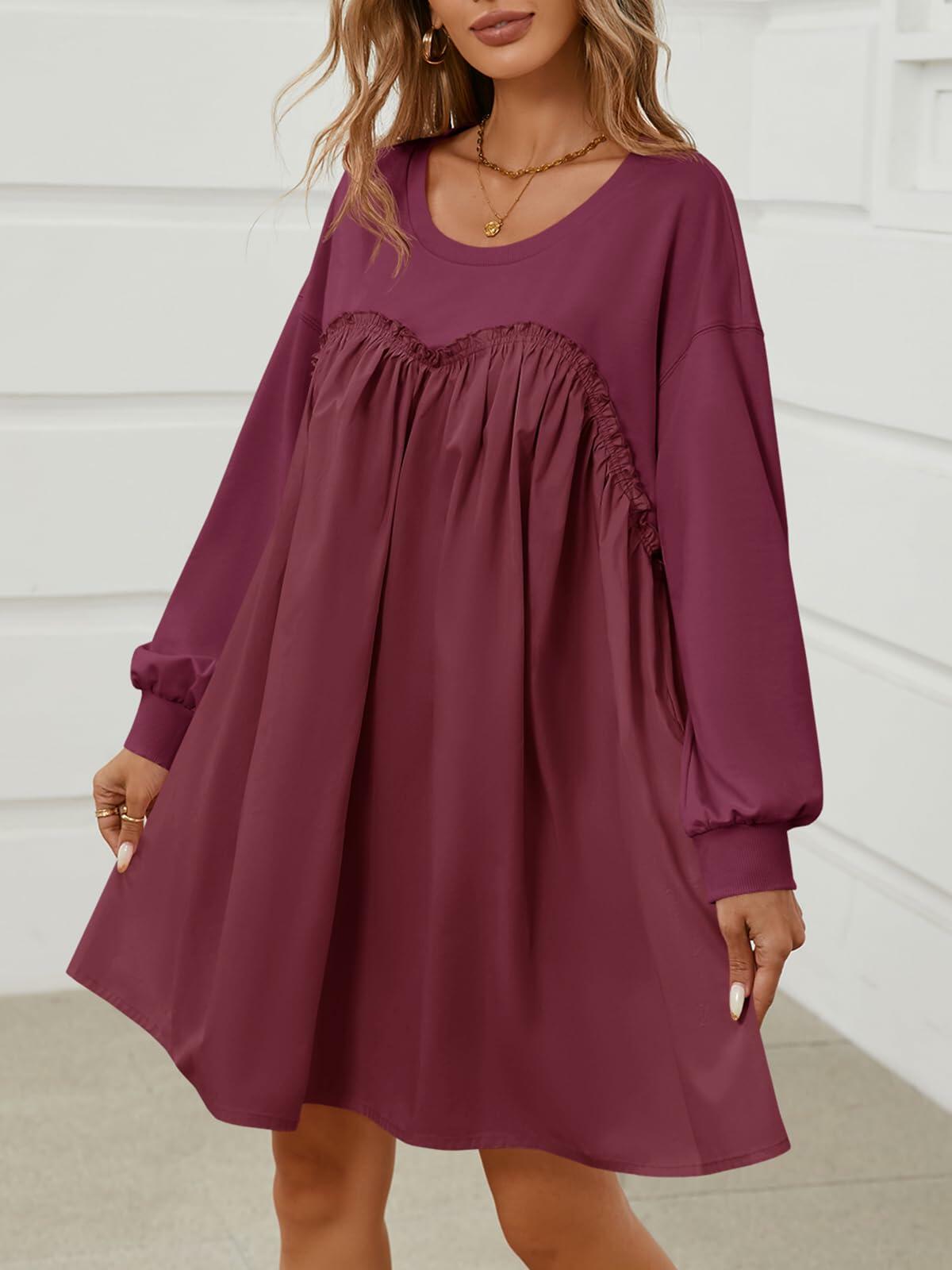 Wenrine Womens Long Sleeve Sweatshirt Dress Patchwork Wine Red, Large