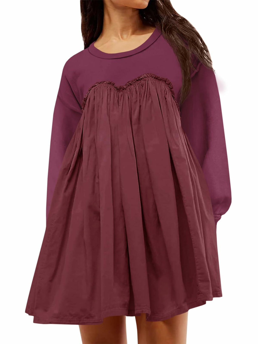 Wenrine Womens Long Sleeve Sweatshirt Dress Patchwork Wine Red, Large