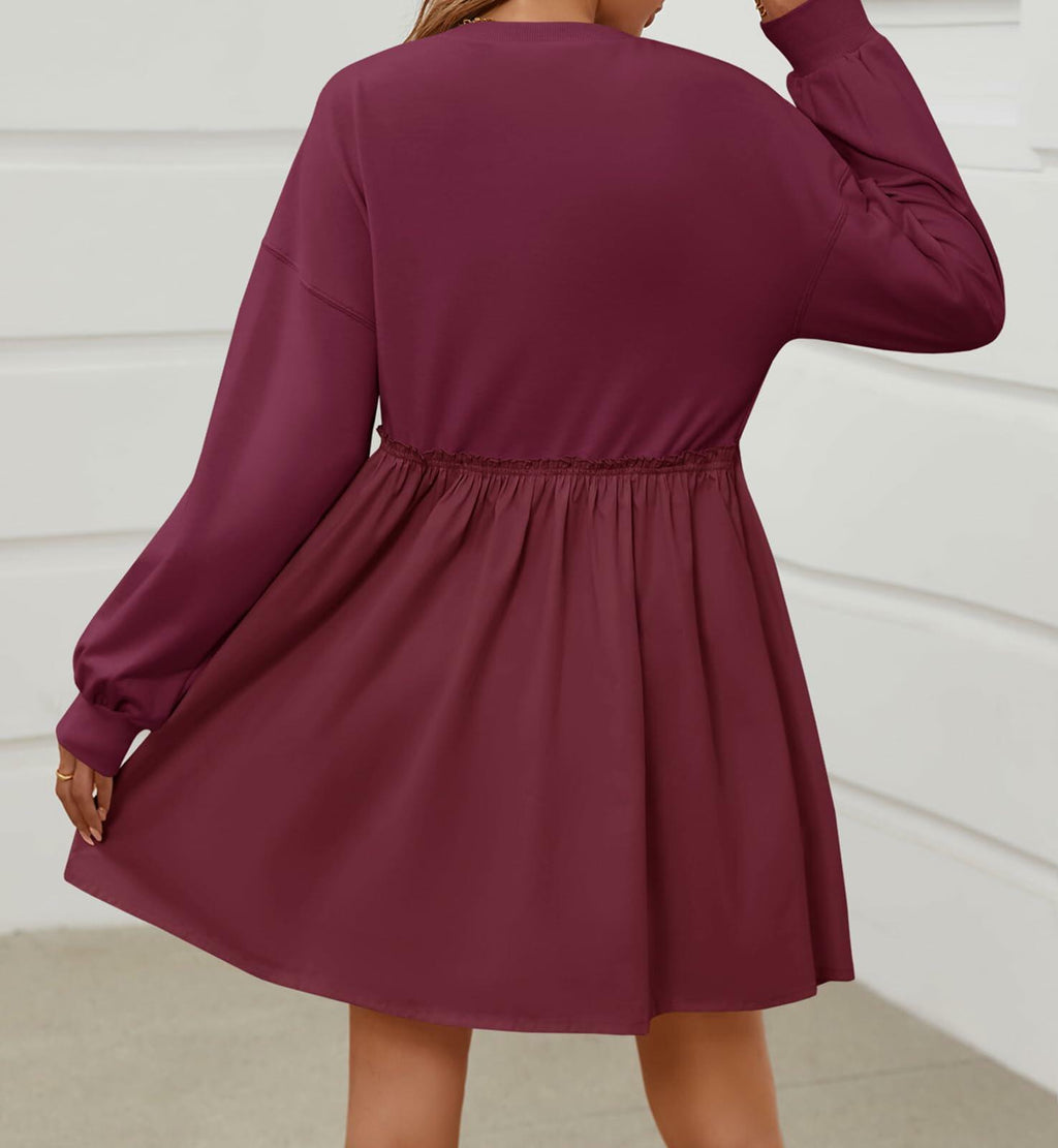Wenrine Womens Long Sleeve Sweatshirt Dress Patchwork Wine Red, Large