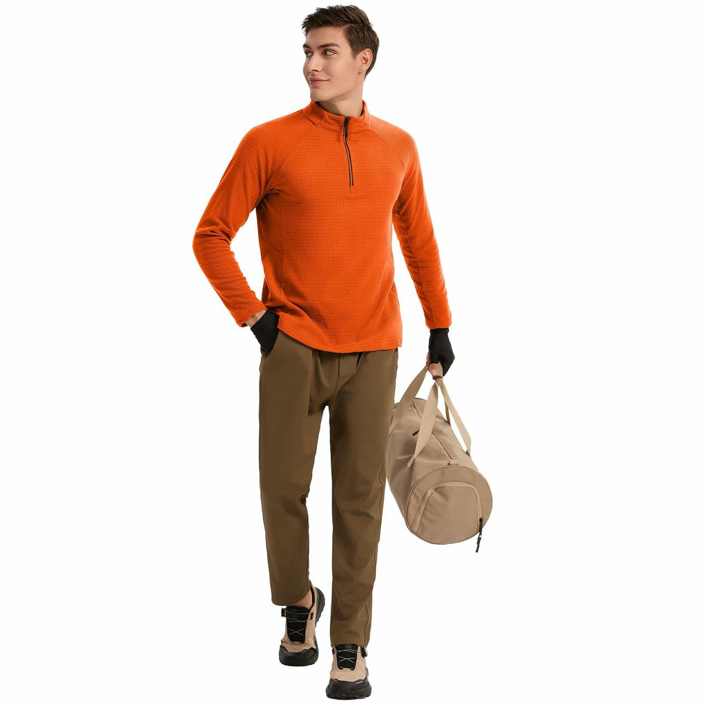 Men's Waffle Quarter Zip Pullover Shirt Mock Neck Sweatshirt Orange Size M