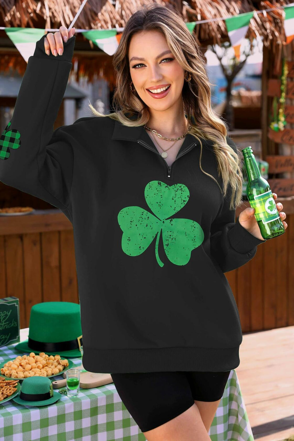 ALIREVERIE Womens St Patricks Clover Oversized Quarter Zipper Sweatshirt Size S