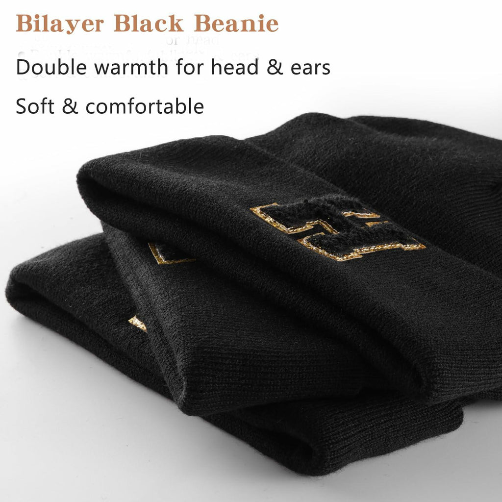 Lightbird Initials Beanie Winter Hat Black for Women Teens