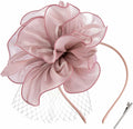 SHUERIET Women Feather Veil Floral Headband Hat Deep Pink