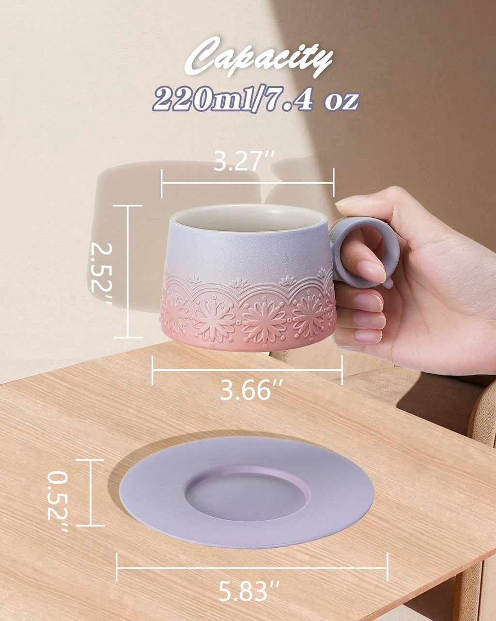 ZENS Ceramic Cappuccino Cups Set 2 Grey Pink 7.3oz Embossed Ceramic