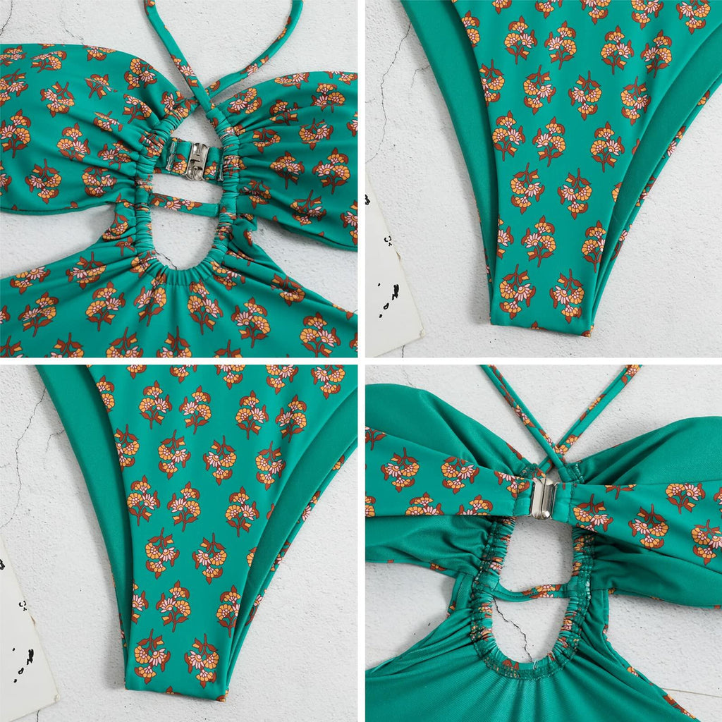Hawaiian One Piece Swimsuit & Cover Up Wrap Skirt Set Halter Green Size L