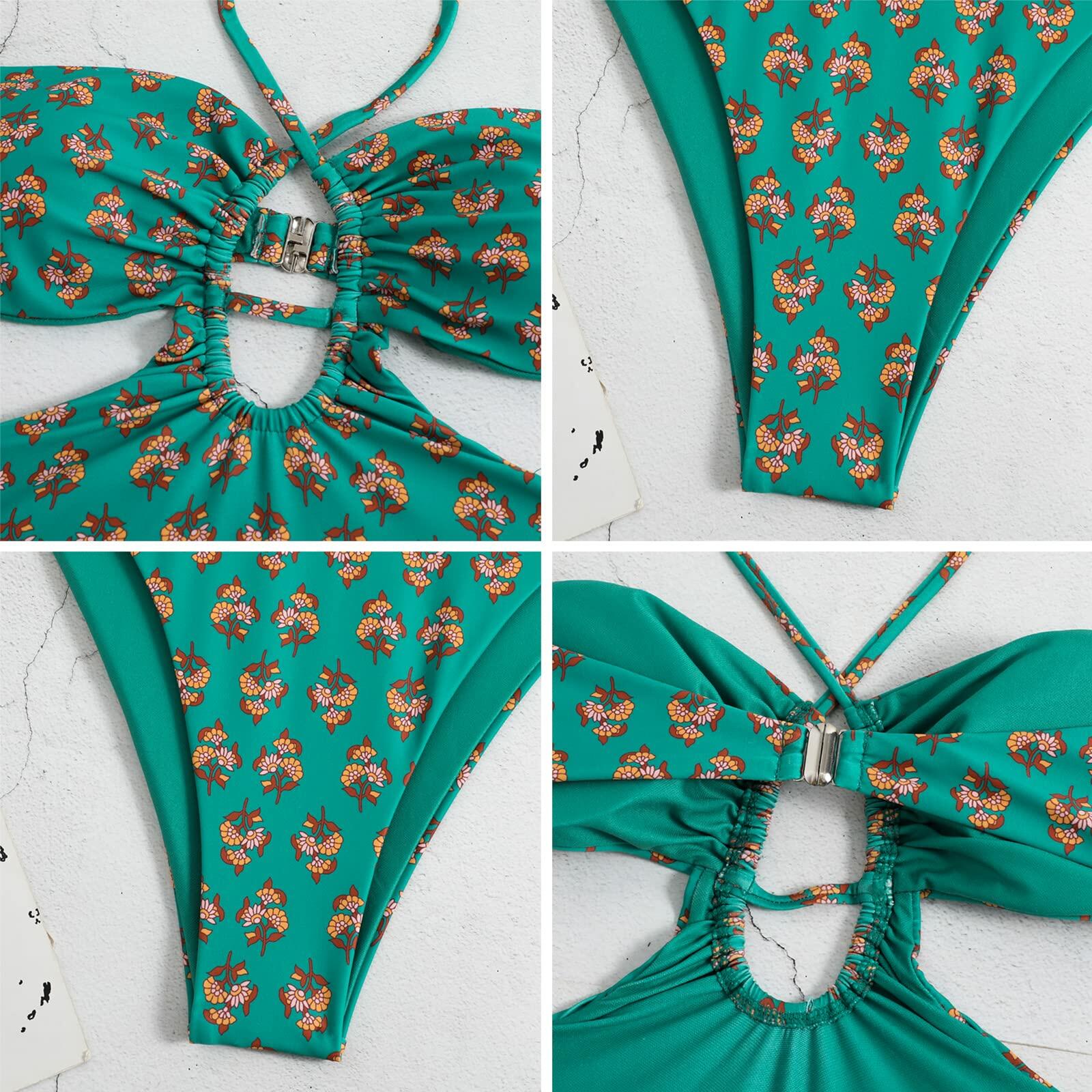 Hawaiian One Piece Swimsuit & Cover Up Wrap Skirt Set Halter Green Size L