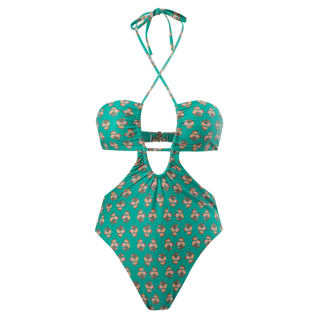 Hawaiian One Piece Swimsuit & Cover Up Wrap Skirt Set Halter Green Size L