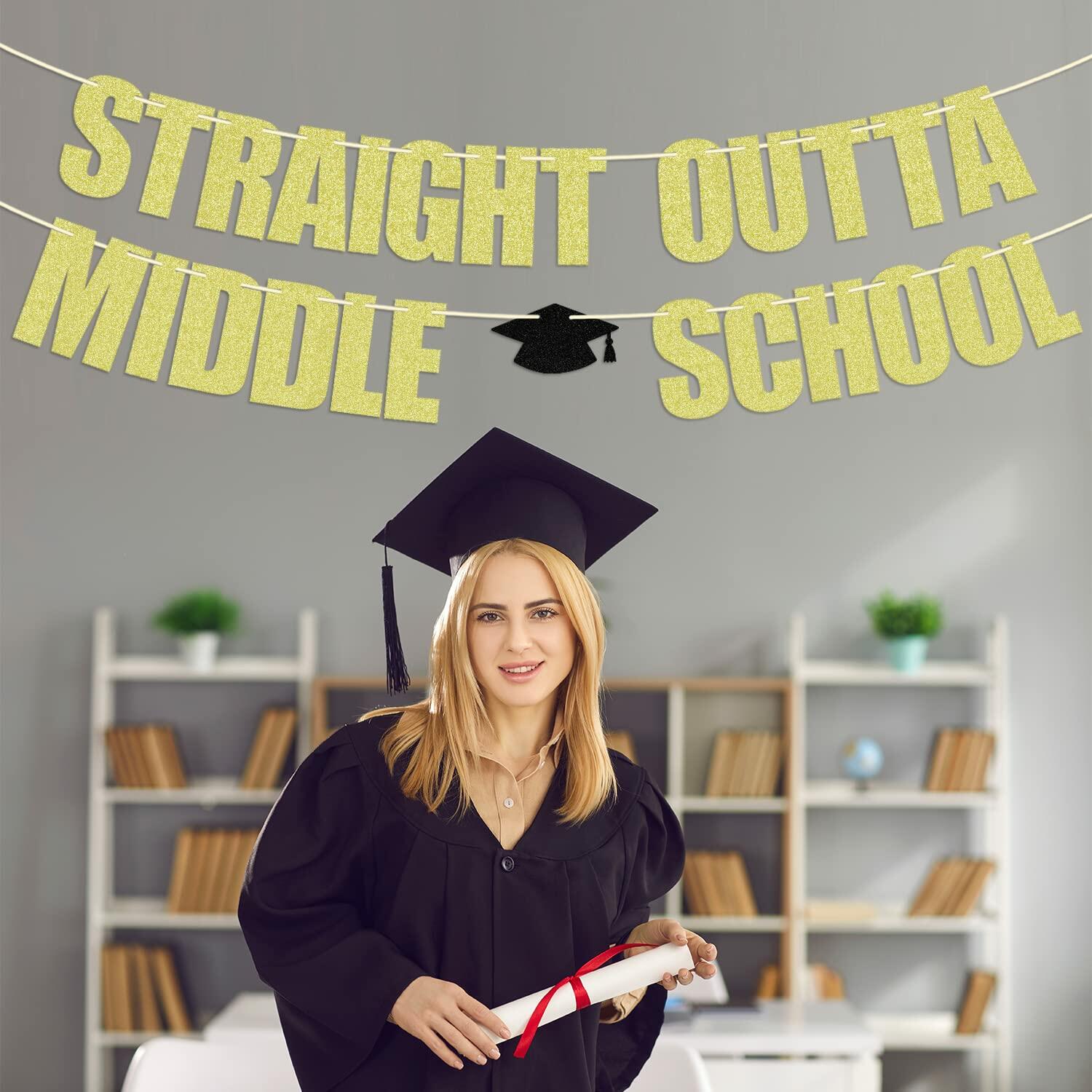 Straight Outta Middle School Banner Glittery Congrats Grad Gold Black