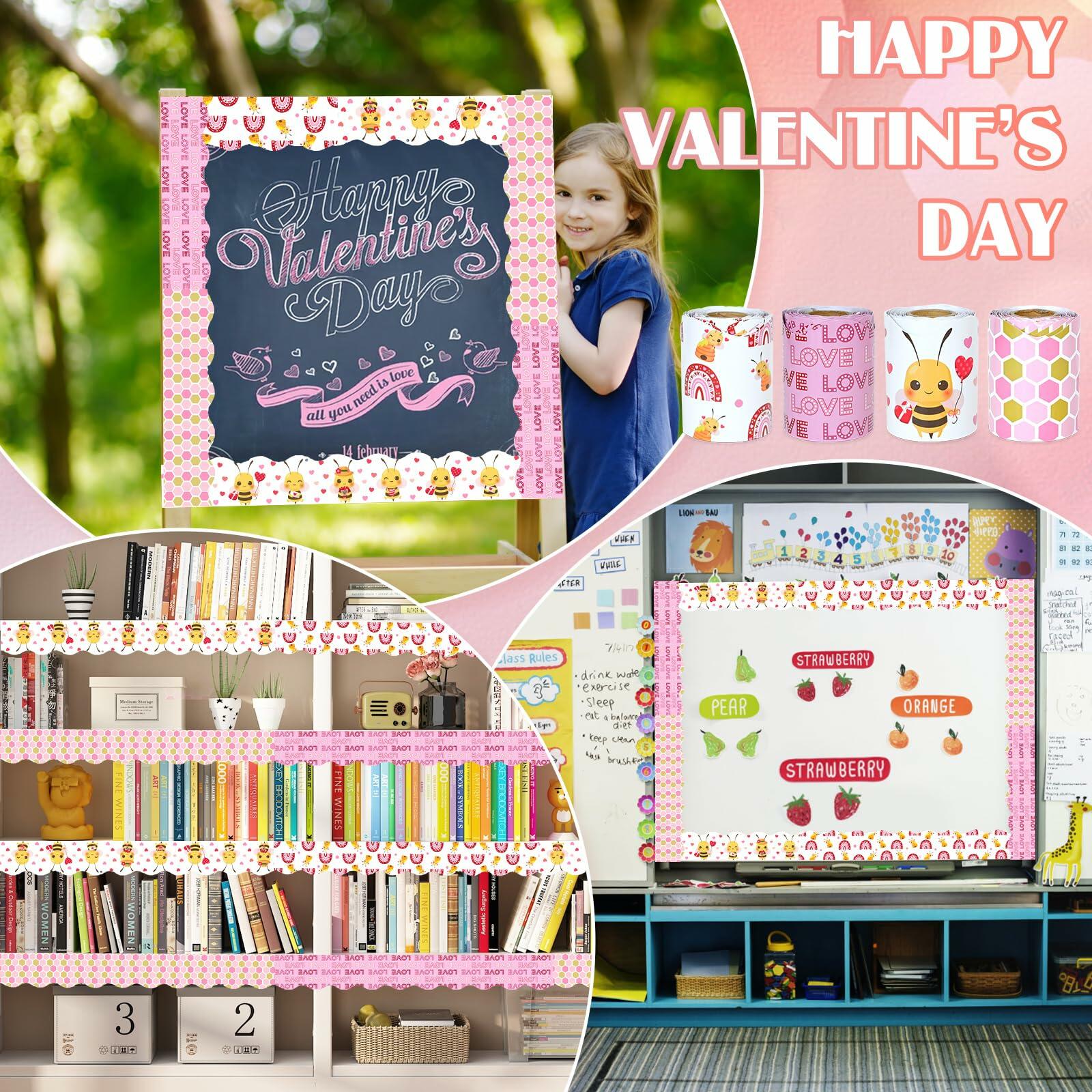 4 Rolls Valentine’s Day Bulletin Board Borders 131Ft Pink Bee Mine Trim