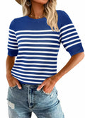 Amkoyam Women's Striped Ribbed Knit Pullover Sweater Top Dark Blue Size Small