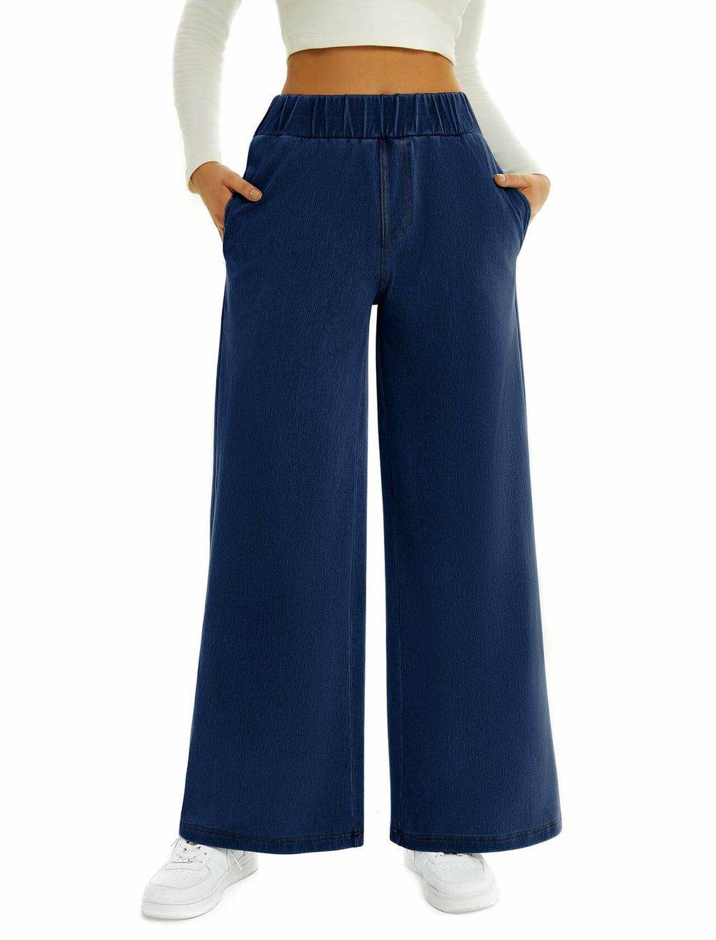 FireSwan Women's Wide Leg Jeans Mid Rise Elastic Waist Dark Wash