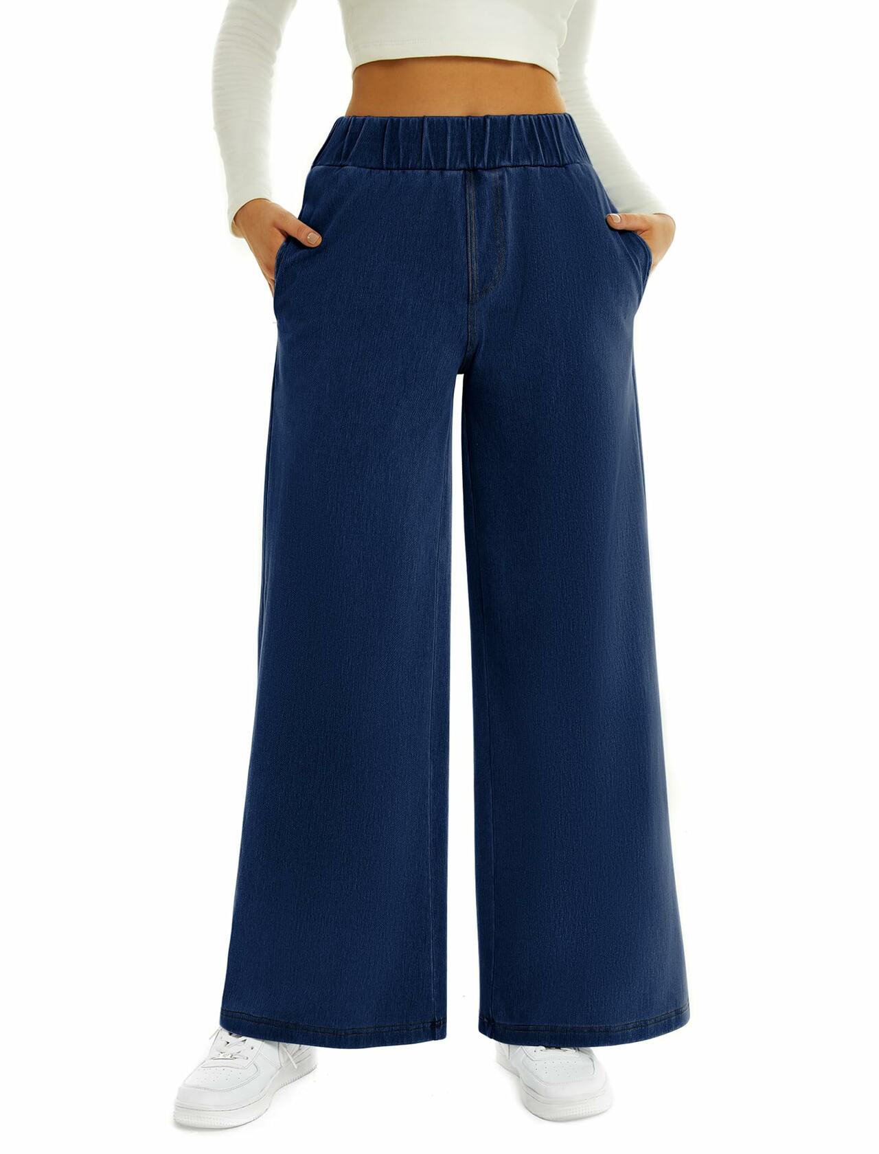 FireSwan Women's Wide Leg Jeans Mid Rise Elastic Waist Dark Wash