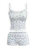 RoseSeek Women's Floral Print Ruched Lace Cami Crop Top & Shorts Set White Size