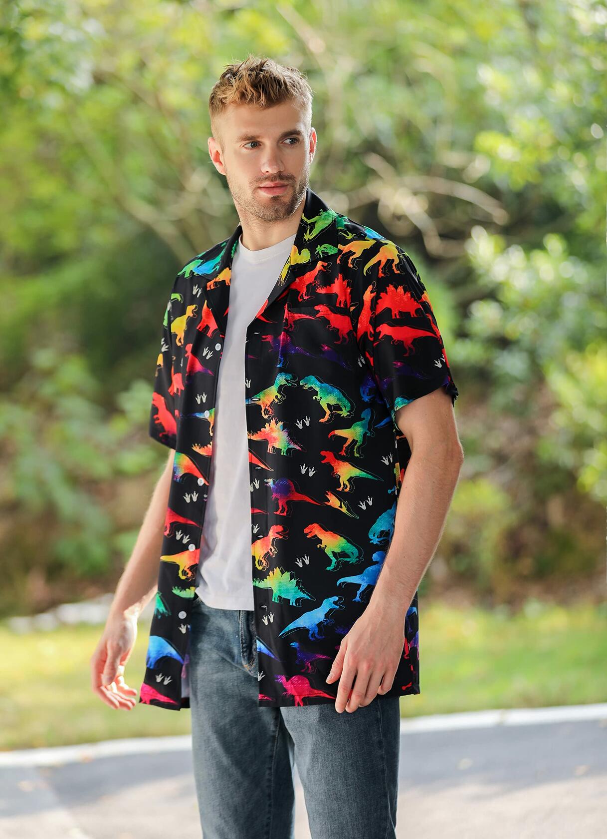 GADZILLE Mens Dinosaur Tie Dye Button Down Shirt Rainbow Size XXXL